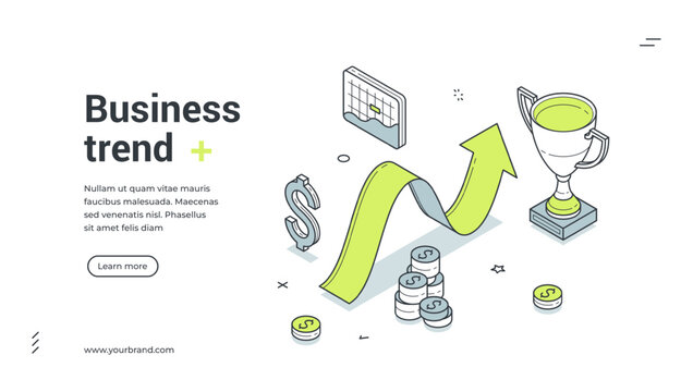 Business trend web banner. Isometric template for a landing page on financial growth. Vector illustration with rising arrow graph, trophy, coins. For market success and investment analysis