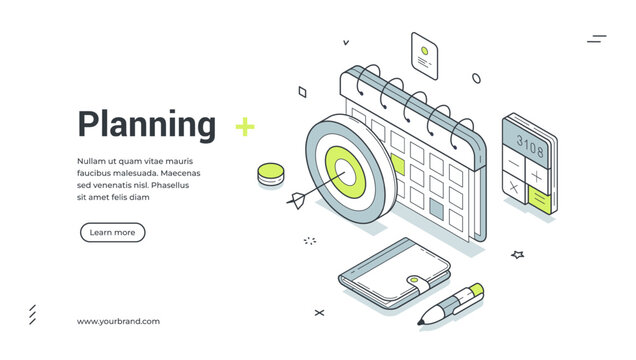 Planning web banner. Isometric template for a landing page on business strategy. Vector illustration with a calendar, target, and calculator. For concepts of management and goal setting