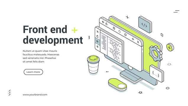 Front end development web banner. Isometric template for a landing page on programming. Vector illustration with a computer, code, and coffee for website creation concepts
