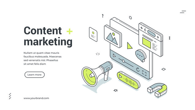 Content marketing web banner. Isometric template for a landing page on digital promotion. Vector illustration with megaphone and magnet for SMM strategy and audience engagement