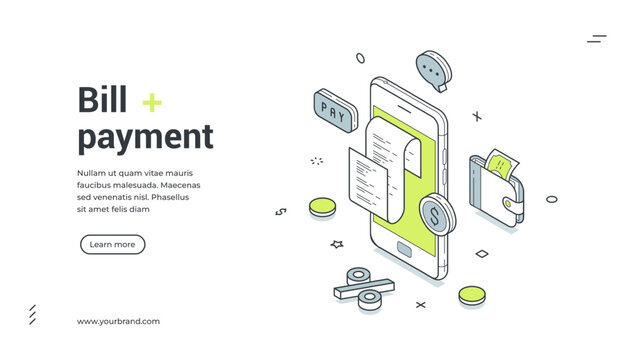 Bill payment web banner. Isometric template for a landing page on online finance and e-payment. Vector illustration with smartphone, wallet, receipt for financial transactions and banking service