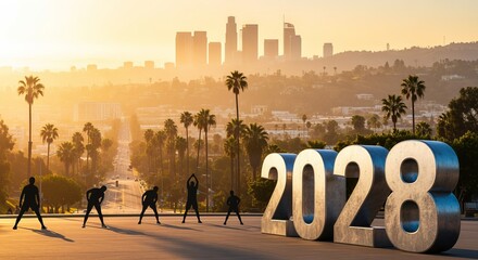 Fototapeta premium Stunning Sunset Silhouette of Los Angeles 2028 Olympics Athletes Training Against Urban Skyline