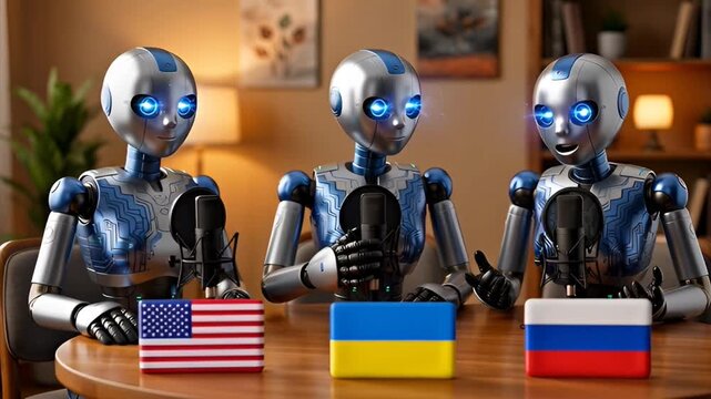 Androids from the United States, Ukraine, and Russia, with sparkling blue eyes and elegant futuristic designs, hosted a podcast with microphones. Peace negotiations