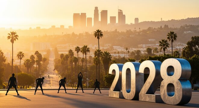 Stunning Sunset Silhouette of Los Angeles 2028 Olympics Athletes Training Against Urban Skyline