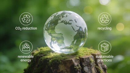 Glass globe on mossy tree stump with eco icons