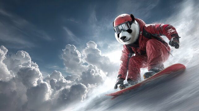 Panda shredding snowy slopes in a thrilling ride