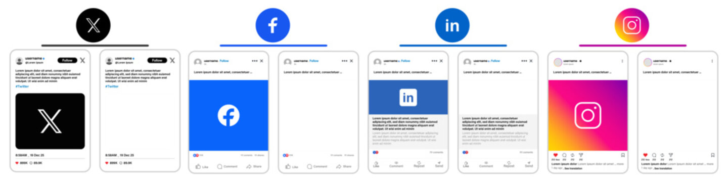 X Twitter Facebook Instagram LinkedIn Post Mockup Template Set. Modern UI/UX.