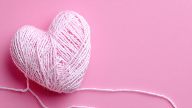 Heart yarn ball on pink surface
