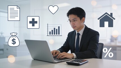 Businessman working on laptop with icons