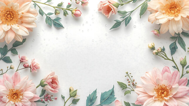Elegant floral border with peach dahlia flowers and green leaves on white wallpaper 4k ,Generative AI.