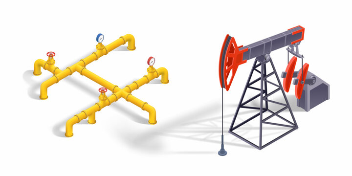 Oil pumpjack station, oil pipeline. Isometric 3D illustration isolated on white background. Vector illustration.