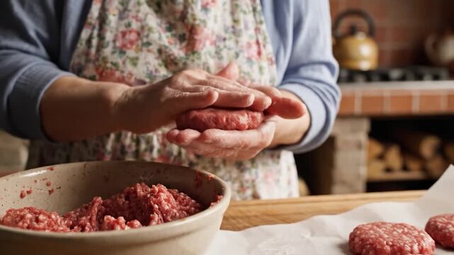 A person's hands are carefully shaping ground meat into perfect patties for