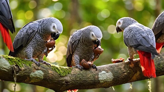 Three grey parrots with red tails perch on a mossy branch eating nuts.