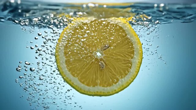 Slow motion lemon slice falling into clear water. Fresh citrus fruit creating gentle splash and effervescent bubbles. Refreshing drink concept with copy space
