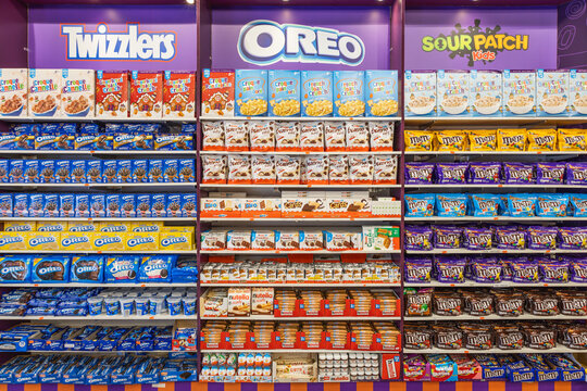 Shelves of popular snacks and cereal brands. London, UK, 2 June 2024