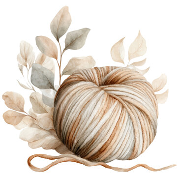 Ball of yarn with delicate leaves, isolated PNG on transparent background; soft hand-drawn style, concept of crafting and coziness, ideal for DIY, knitting brands, packaging, cards and design mockups