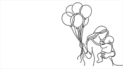 Continuous Line Drawing Mother Holding Baby with Balloons, Motherhood and Family Love Concept, One Line Art Vector Illustration © CutRiska