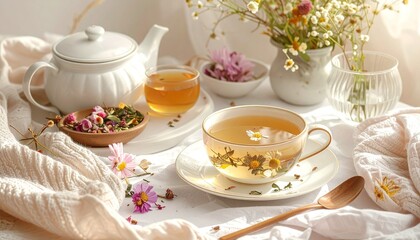 Fototapeta premium Pregnancy Self-Care Concept, Herbal Tea and Comfort Items