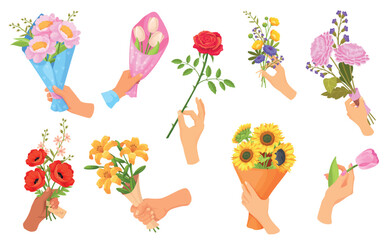Fototapeta premium Hands hold bouquet. Hand giving flowers bouquets, arm holding garden flower wildflowers bunch romantic gift wedding valentine woman day rose stem present, neat vector illustration