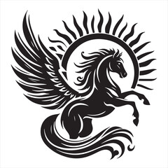 Obraz premium Black Silhouette Pegasus with Sunburst Design