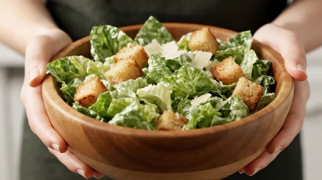 Person holding wooden bowl filled with Caesar salad, showcasing fresh ingredients