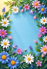 Fototapeta premium Floral frame with colorful spring flowers. Daisies and grape hyacinths on a blue surface. Mothers day or 8 march greeting card template