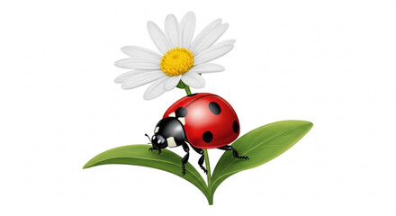 Obraz premium Ladybug on a green leaf with a white daisy flower insect wildlife nature scene with red beetle