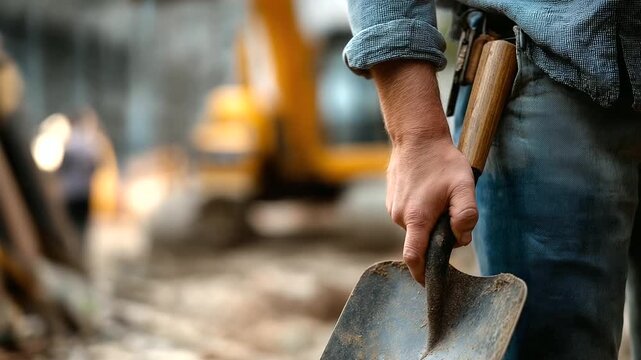 Construction worker holding a shovel at a site, no face visible, gritty industrial background blurred, with copy space