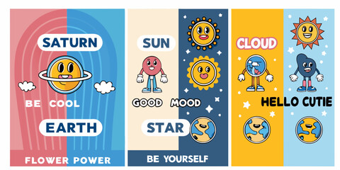 Cartoon planetary illustrations with cheerful faces and motivational phrases © Barsha