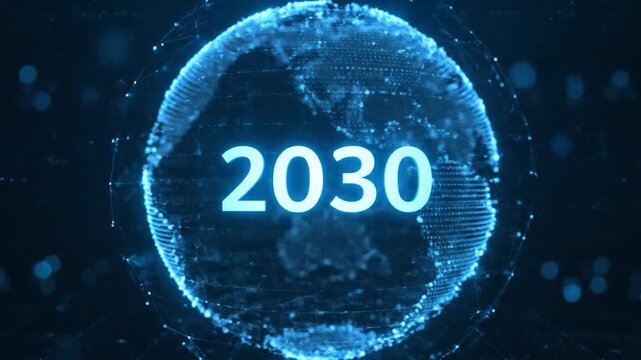 Futuristic digital globe with the year 2030 in bright text, set against a dark blue backdrop