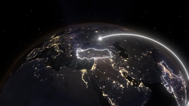 3D Earth Night Flight Path Arc from Bangalore India to Istanbul Turkey
