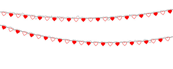 Fototapeta premium Red heart shapes forming a romantic garland that creates a seamless decorative border. Perfect for Valentine’s Day messages, party posters, wedding themes and elegant transparent vector illustrations