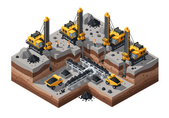 Isometric illustration of an open-pit coal mining operation with drilling rigs, excavators, and conveyor belts extracting resources from layered earth.