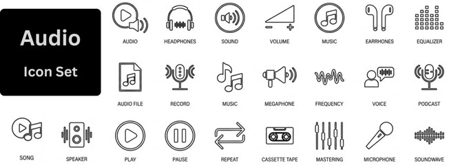 Audio line icon set contains play, push, headphones, sound, song, music, volume, speaker, earphones, equalizer and speaker icons. Audio outline icon set  © Md. Tuhin Molla