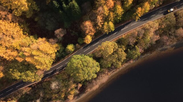 Aerial view of a car driving along a road bordered by autumn trees and dark water, creating a striking contrast of colors, Callander, Scotland, United Kingdom.