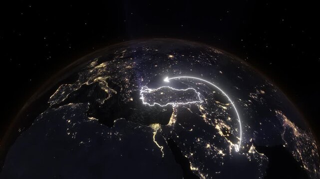 3D Earth Night Flight Path Arc from Doha Qatar to Istanbul Turkey