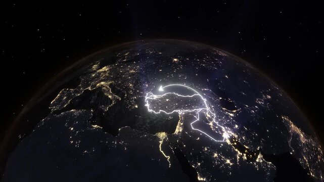 3D Earth Night Flight Path Arc from Erbil Iraq to Istanbul Turkey