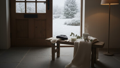 Warm layers of clothing and cozy blanket provide comfort and thermoregulation while you wear them inside on snowy day