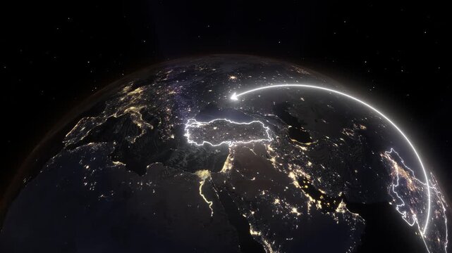 3D Earth Night Flight Path Arc from Mumbai India to Istanbul Turkey
