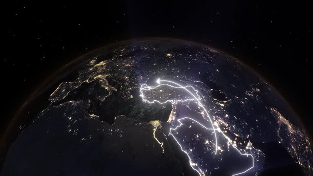 3D Earth Night Flight Path Arc from Riyadh Saudi Arabia to Istanbul Turkey