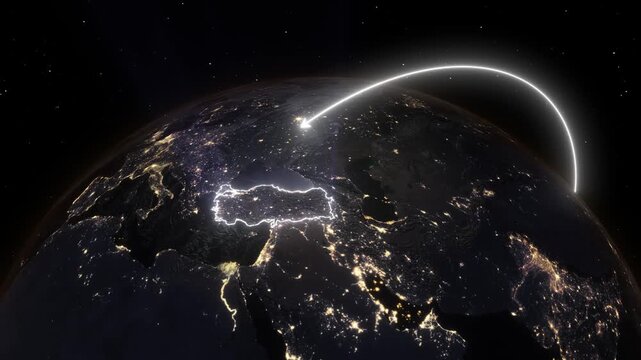 3D Earth Night Flight Path Arc from Seoul South Korea to Istanbul Turkey