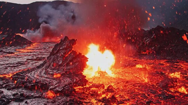 Erupting Volcano with Molten Lava and Intense Heat in a Barren Landscape at Dusk