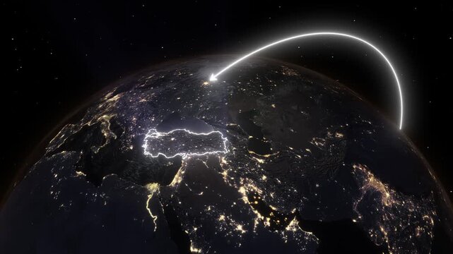 3D Earth Night Flight Path Arc from Tokyo Japan to Istanbul Turkey