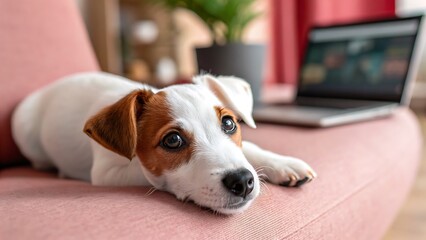 Obraz premium Adorable Jack Russell Terrier Puppy Relaxing on Pink Couch Near Laptop