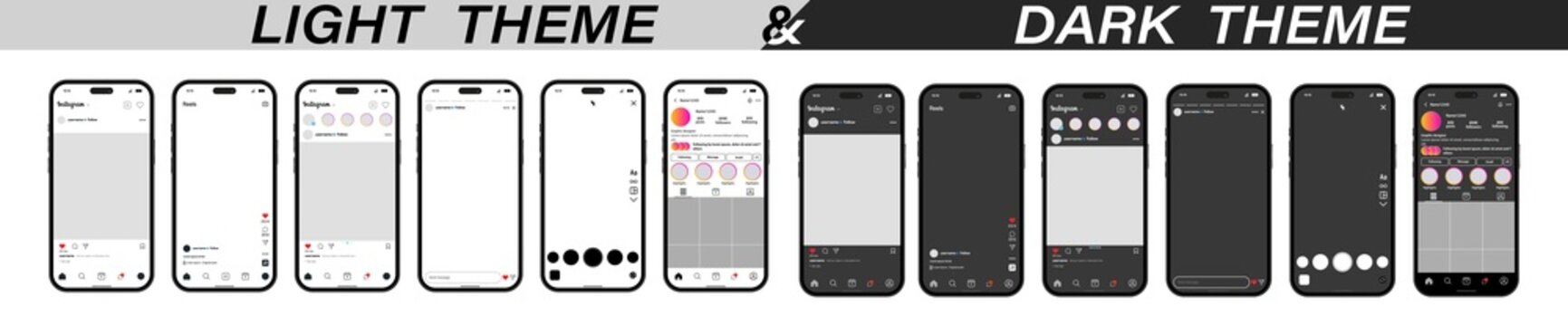 instagram Vector Smartphone Mockups, Social Media App UI/UX Screens, Light and Dark Mode.
