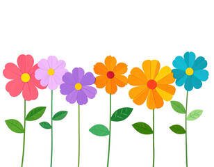 Fototapeta premium A row of colorful, stylized flowers with green stems and leaves against a black background
