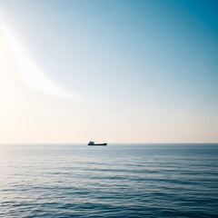 Obraz premium Serene ocean with distant ship sailing.