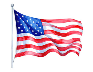 Obraz premium Watercolor depiction of a waving, striped flag with stars on a silver pole
