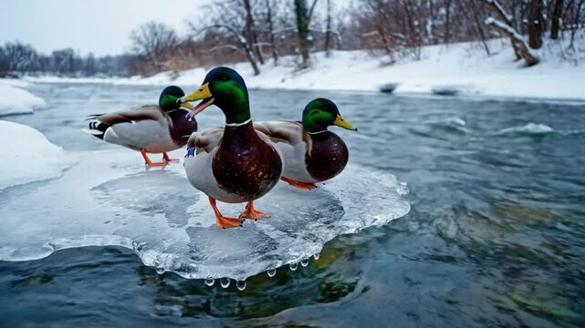 Three male mallard ducks resting on an icy patch in a flowing river during wintertime with snow covered banks.
