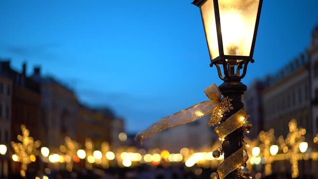 Illuminated lamppost with golden decorations, blurred city lights, and evening sky